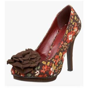 Madden Girl Salza Floral Fabric Platform Brown Suede-like Rosette Pumps Size 5.5